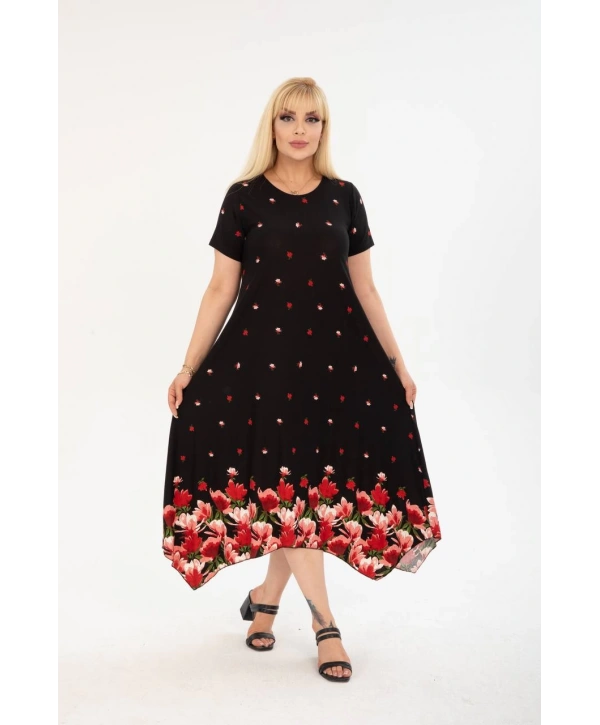 Kadın Büyük Beden Asimetrik Desenli Kısa Kollu Elbise