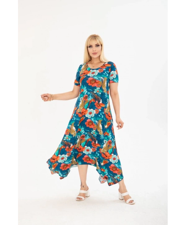 Kadın Büyük Beden Asimetrik Desenli Kısa Kollu Elbise