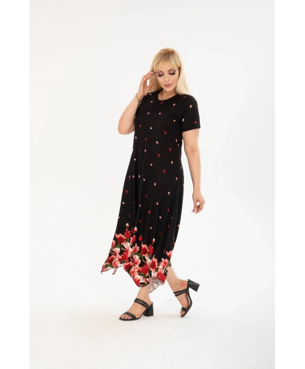 Kadın Büyük Beden Asimetrik Desenli Kısa Kollu Elbise