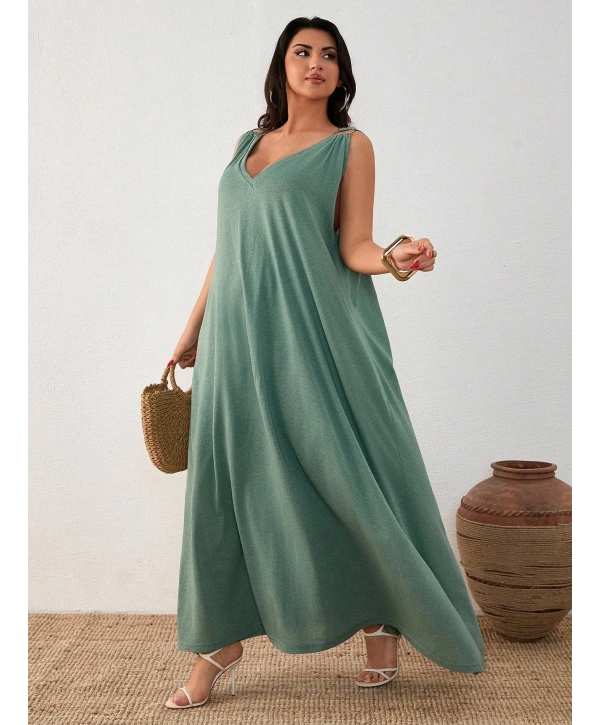 Kadın Büyük Beden Askılı Halka Detaylı Maxi Elbise