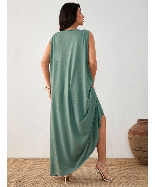 Kadın Büyük Beden Askılı Halka Detaylı Maxi Elbise