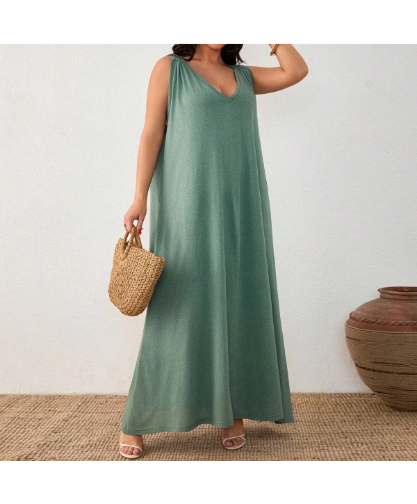 Kadın Büyük Beden Askılı Halka Detaylı Maxi Elbise