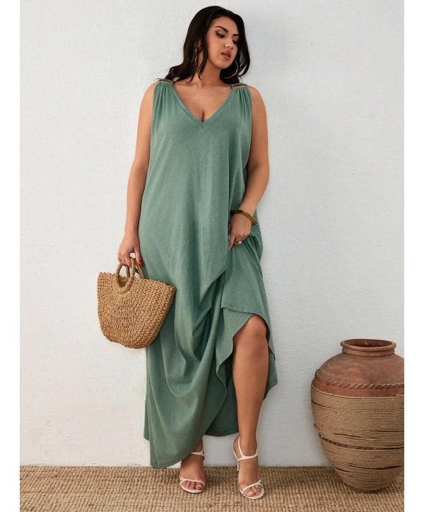 Kadın Büyük Beden Askılı Halka Detaylı Maxi Elbise