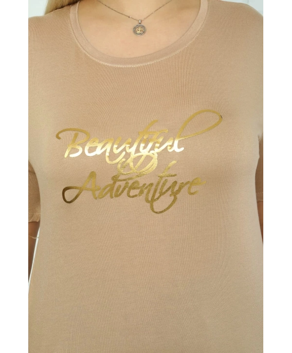 Kadın Büyük Beden Bej Varak Detaylı T-shirt