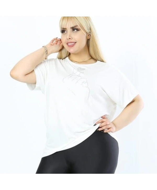 Kadın Büyük Beden Beyaz Taş Detaylı Bluz