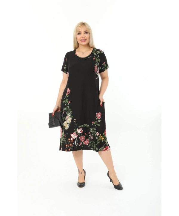 Kadın Büyük Beden Bisiklet Yaka Cepli Viskon Kumaş Esnek Kısa Kollu Elbise 42/52 Beden