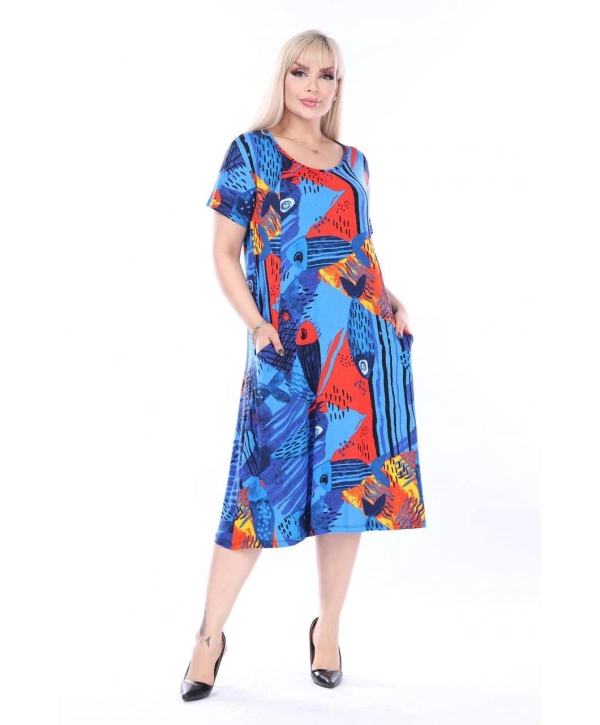 Kadın Büyük Beden Bisiklet Yaka Cepli Viskon Kumaş Esnek Kısa Kollu Elbise 42/52 Beden