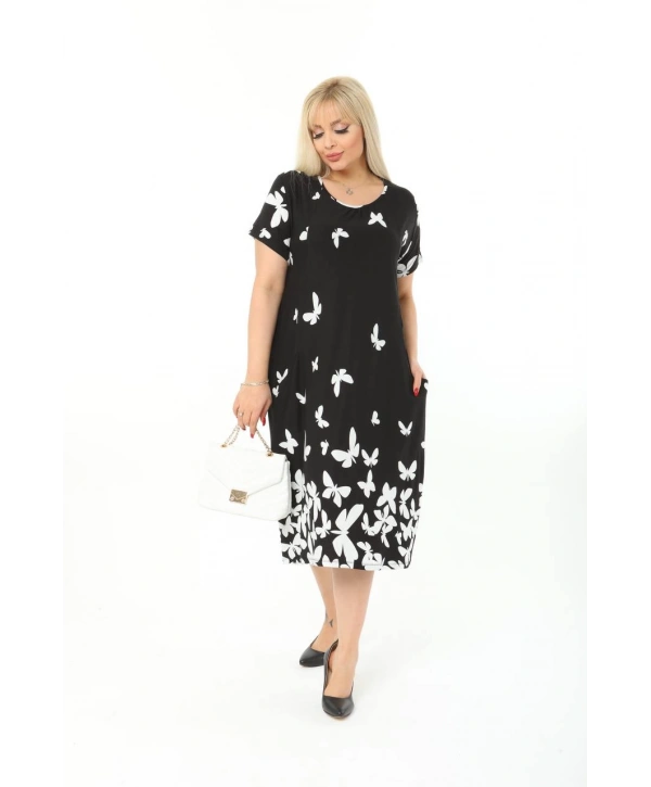 Kadın Büyük Beden Bisiklet Yaka Cepli Viskon Kumaş Esnek Kısa Kollu Elbise 42/52 Beden