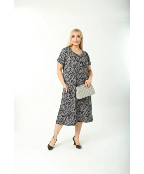 Kadın Büyük Beden Bisiklet Yaka Cepli Viskon Kumaş Esnek Kısa Kollu Elbise 42/52 Beden