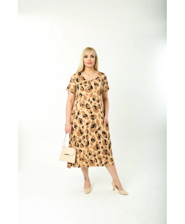 Kadın Büyük Beden Bisiklet Yaka Cepli Viskon Kumaş Esnek Kısa Kollu Elbise 42/52 Beden