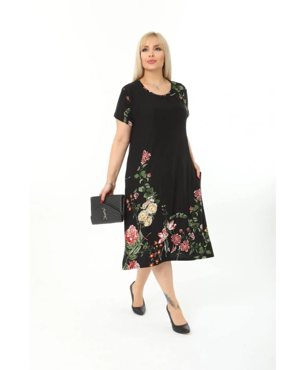 Kadın Büyük Beden Bisiklet Yaka Cepli Viskon Kumaş Esnek Kısa Kollu Elbise 42/52 Beden