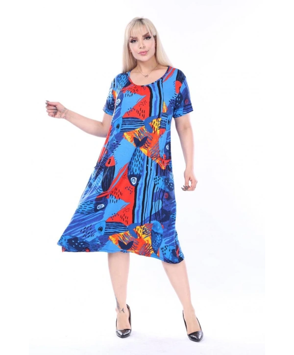 Kadın Büyük Beden Bisiklet Yaka Cepli Viskon Kumaş Esnek Kısa Kollu Elbise 42/52 Beden