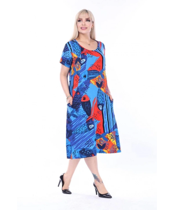 Kadın Büyük Beden Bisiklet Yaka Cepli Viskon Kumaş Esnek Kısa Kollu Elbise 42/52 Beden