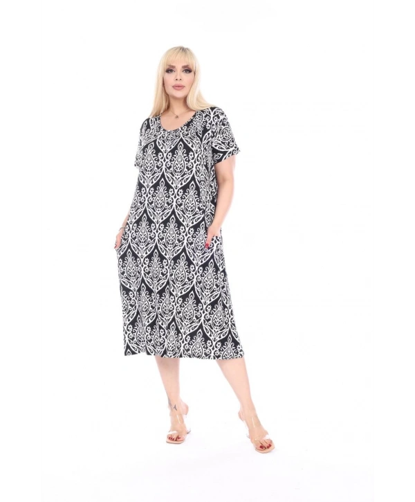 Kadın Büyük Beden Bisiklet Yaka Cepli Viskon Kumaş Esnek Kısa Kollu Elbise 42/52 Beden