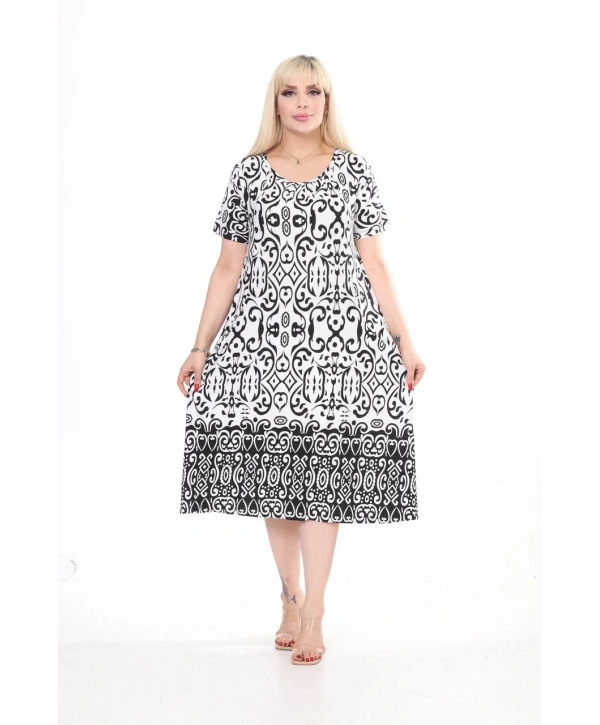 Kadın Büyük Beden Bisiklet Yaka Cepli Viskon Kumaş Esnek Kısa Kollu Elbise 42/52 Beden