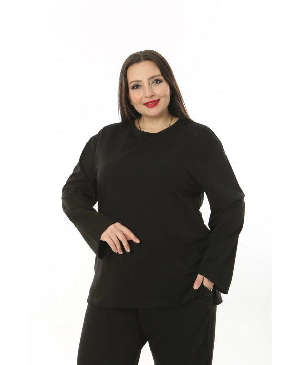 Kadın Büyük Beden Düz Siyah İkiiplik Cepli Uzun Kol Eşofman Takımı