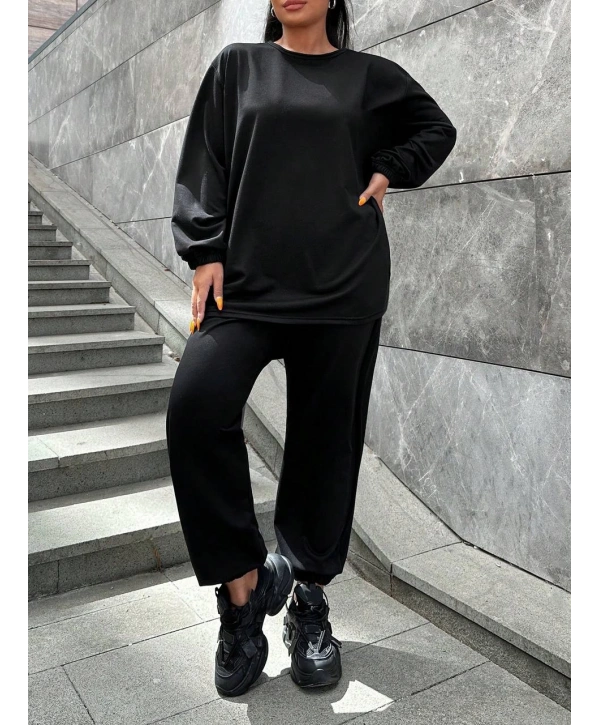 Kadın Büyük Beden Düz Siyah İkiiplik Cepli Uzun Kol Eşofman Takımı