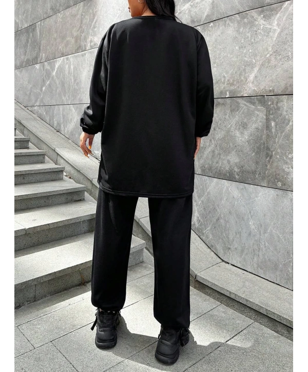 Kadın Büyük Beden Düz Siyah İkiiplik Cepli Uzun Kol Eşofman Takımı