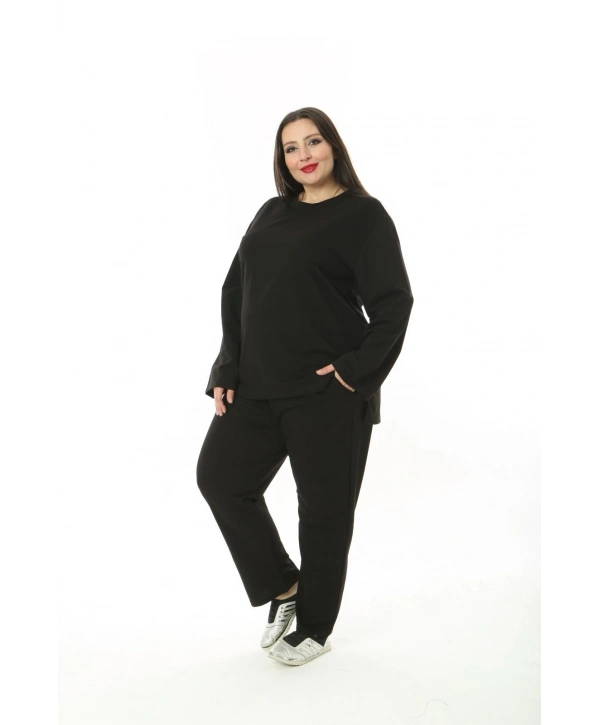 Kadın Büyük Beden Düz Siyah İkiiplik Cepli Uzun Kol Eşofman Takımı