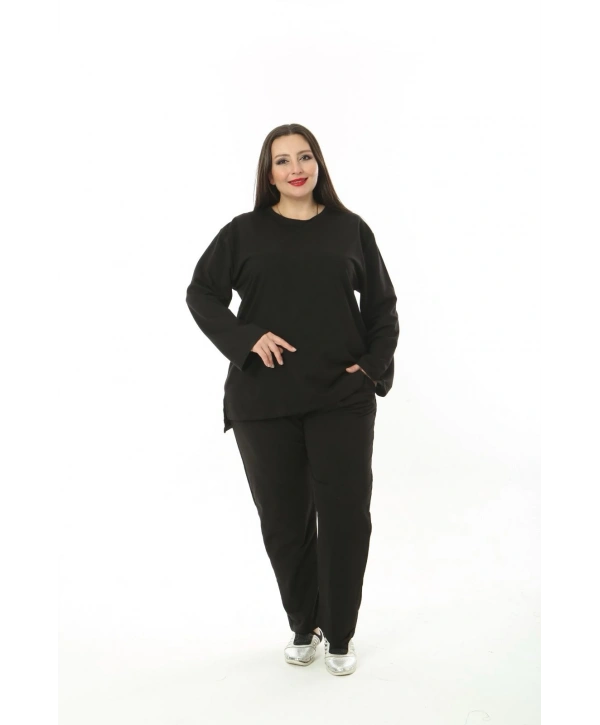 Kadın Büyük Beden Düz Siyah İkiiplik Cepli Uzun Kol Eşofman Takımı