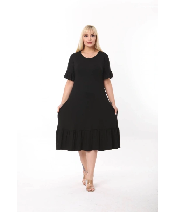 Kadın Büyük Beden Eteği Fırfırlı Cepli Viskon Kumaş Esnek Kısa Kollu Elbise