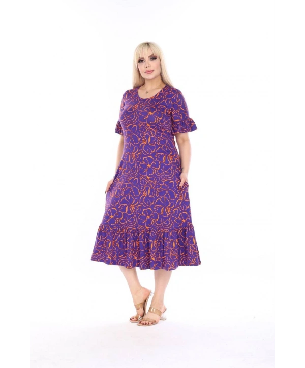 Kadın Büyük Beden Eteği Fırfırlı Cepli Viskon Kumaş Esnek Kısa Kollu Elbise