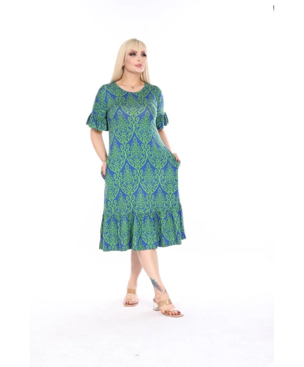 Kadın Büyük Beden Eteği Fırfırlı Cepli Viskon Kumaş Esnek Kısa Kollu Elbise