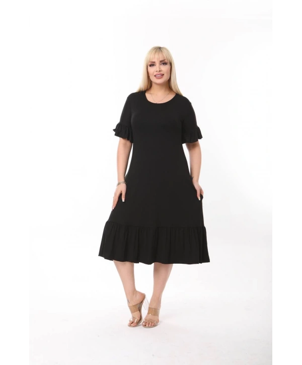 Kadın Büyük Beden Eteği Fırfırlı Cepli Viskon Kumaş Esnek Kısa Kollu Elbise