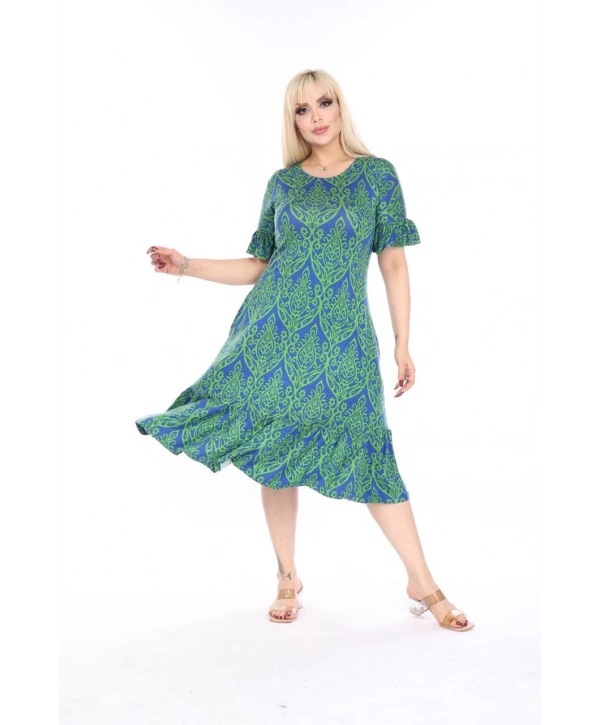 Kadın Büyük Beden Eteği Fırfırlı Cepli Viskon Kumaş Esnek Kısa Kollu Elbise