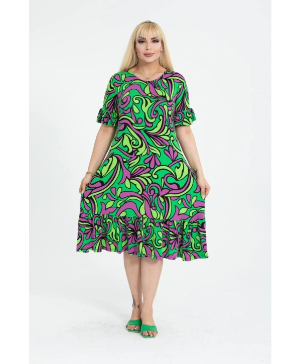 Kadın Büyük Beden Eteği Fırfırlı Cepli Viskon Kumaş Esnek Kısa Kollu Elbise