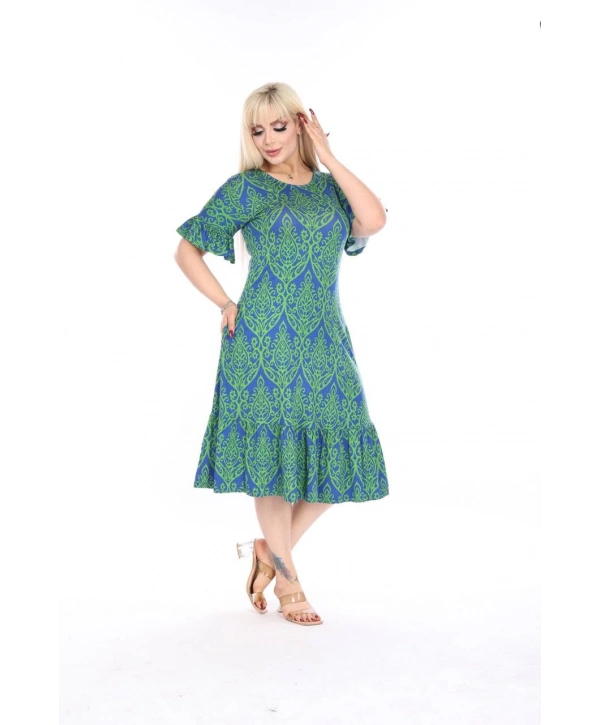 Kadın Büyük Beden Eteği Fırfırlı Cepli Viskon Kumaş Esnek Kısa Kollu Elbise