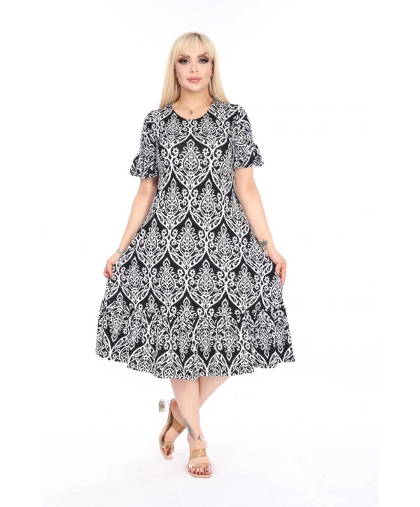 Kadın Büyük Beden Eteği Fırfırlı Cepli Viskon Kumaş Esnek Kısa Kollu Elbise