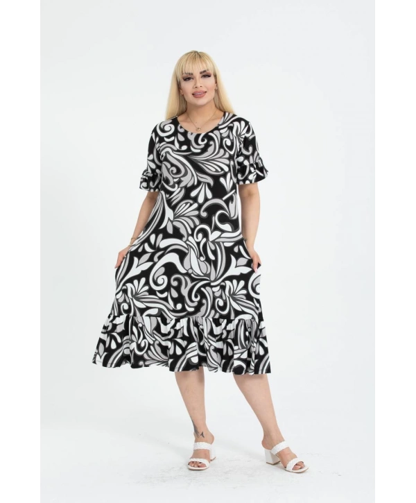 Kadın Büyük Beden Eteği Fırfırlı Cepli Viskon Kumaş Esnek Kısa Kollu Elbise