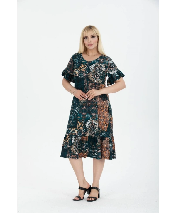 Kadın Büyük Beden Eteği Fırfırlı Cepli Viskon Kumaş Esnek Kısa Kollu Elbise