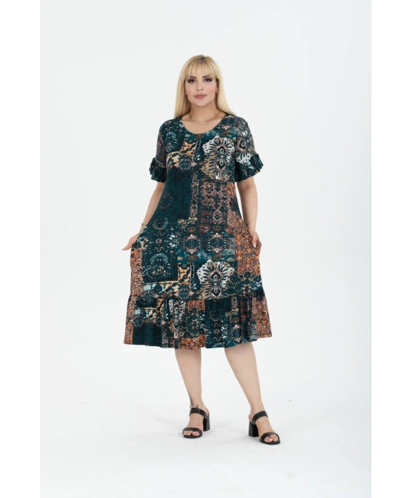 Kadın Büyük Beden Eteği Fırfırlı Cepli Viskon Kumaş Esnek Kısa Kollu Elbise