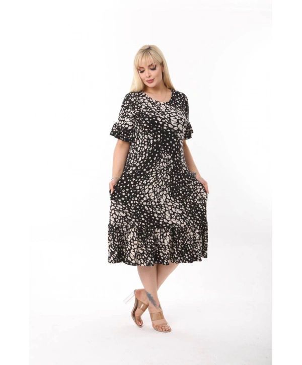 Kadın Büyük Beden Eteği Fırfırlı Cepli Viskon Kumaş Esnek Kısa Kollu Elbise