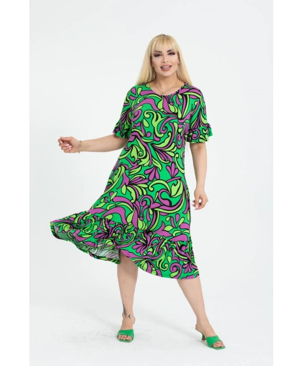 Kadın Büyük Beden Eteği Fırfırlı Cepli Viskon Kumaş Esnek Kısa Kollu Elbise