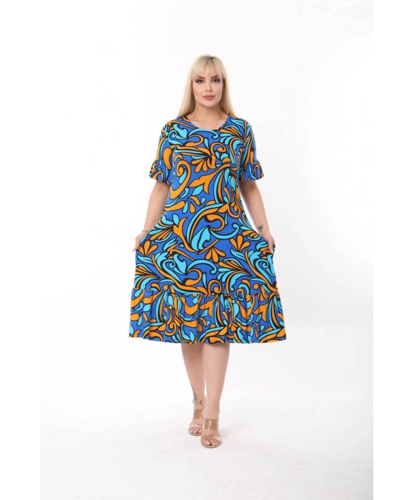 Kadın Büyük Beden Eteği Fırfırlı Cepli Viskon Kumaş Esnek Kısa Kollu Elbise