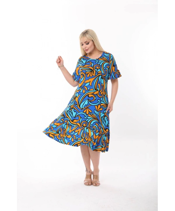 Kadın Büyük Beden Eteği Fırfırlı Cepli Viskon Kumaş Esnek Kısa Kollu Elbise