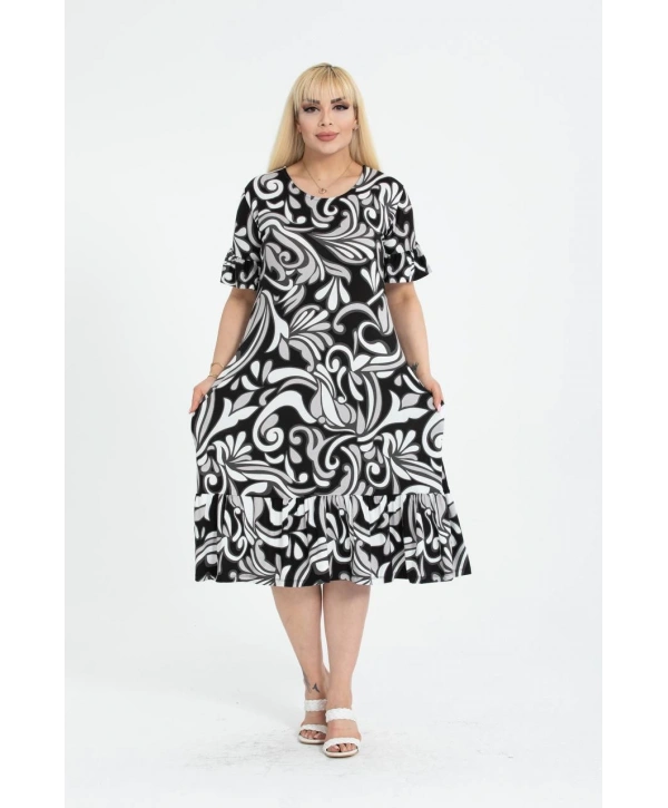 Kadın Büyük Beden Eteği Fırfırlı Cepli Viskon Kumaş Esnek Kısa Kollu Elbise