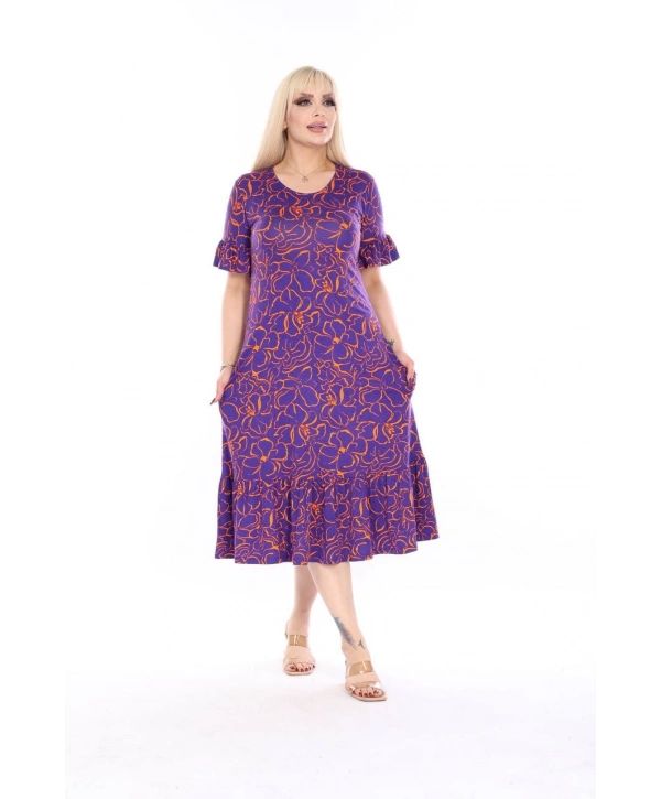 Kadın Büyük Beden Eteği Fırfırlı Cepli Viskon Kumaş Esnek Kısa Kollu Elbise