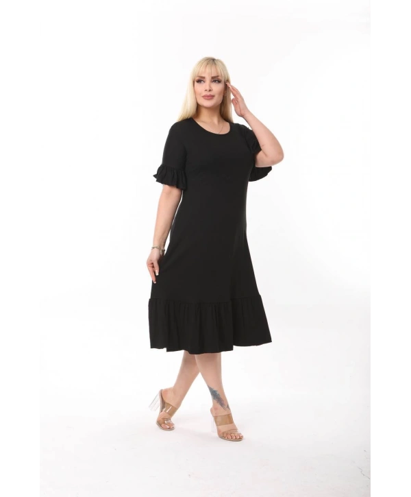Kadın Büyük Beden Eteği Fırfırlı Cepli Viskon Kumaş Esnek Kısa Kollu Elbise