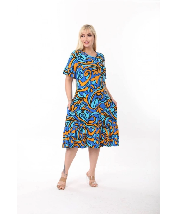 Kadın Büyük Beden Eteği Fırfırlı Cepli Viskon Kumaş Esnek Kısa Kollu Elbise