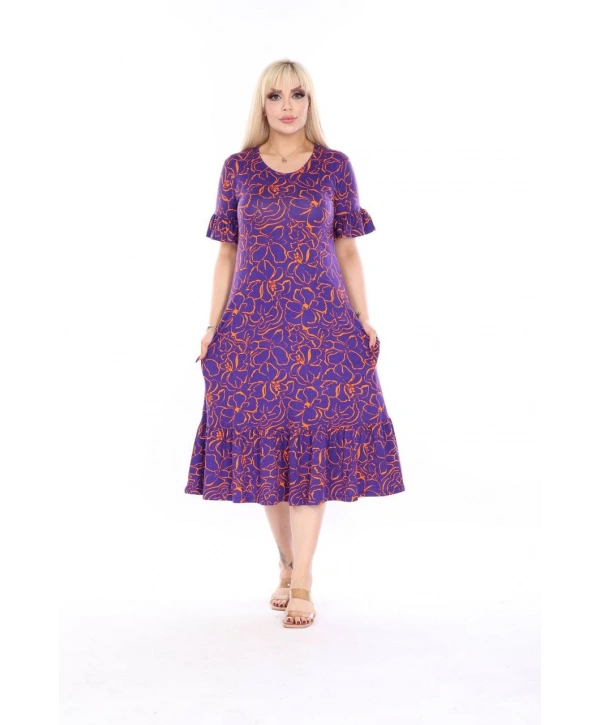 Kadın Büyük Beden Eteği Fırfırlı Cepli Viskon Kumaş Esnek Kısa Kollu Elbise