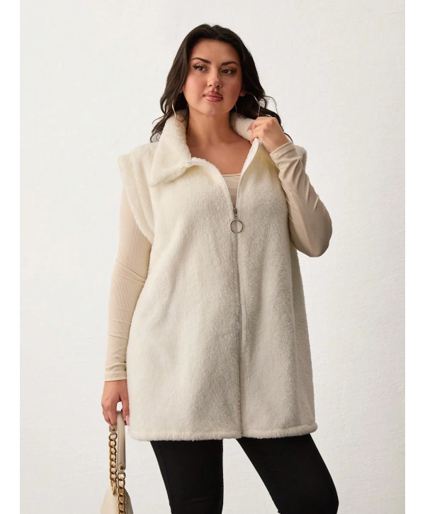 Kadın Büyük Beden Fermuarlı Welsoft Peluş Kolsuz Yelek
