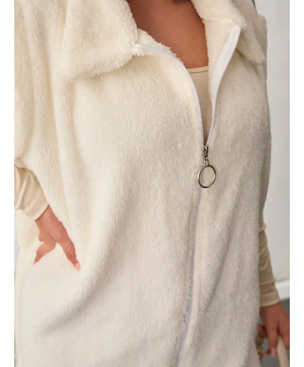 Kadın Büyük Beden Fermuarlı Welsoft Peluş Kolsuz Yelek
