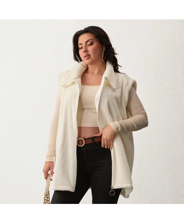 Kadın Büyük Beden Fermuarlı Welsoft Peluş Kolsuz Yelek