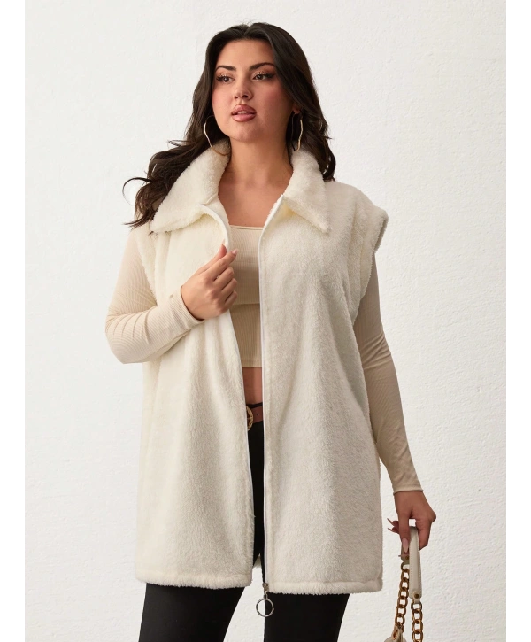 Kadın Büyük Beden Fermuarlı Welsoft Peluş Kolsuz Yelek