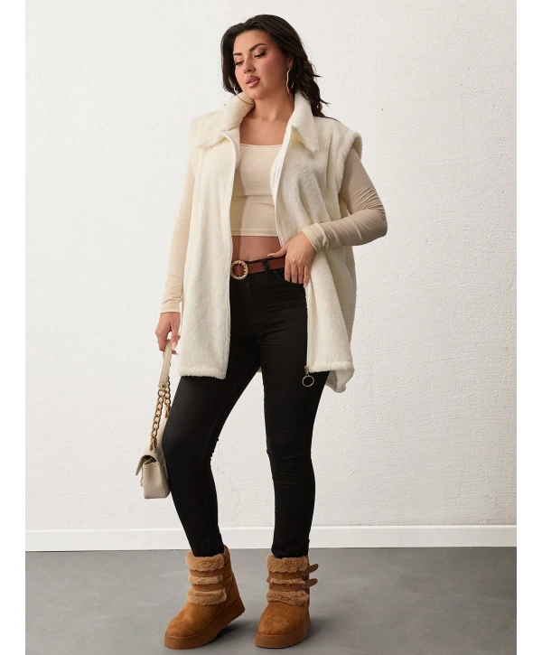 Kadın Büyük Beden Fermuarlı Welsoft Peluş Kolsuz Yelek