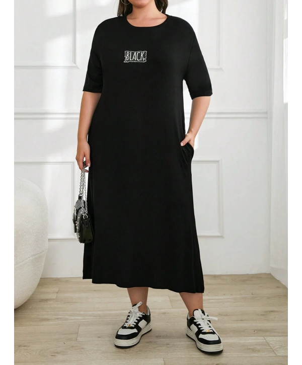 Kadın Büyük Beden Kısa Kollu Baskılı Cepli Viskon Elbise